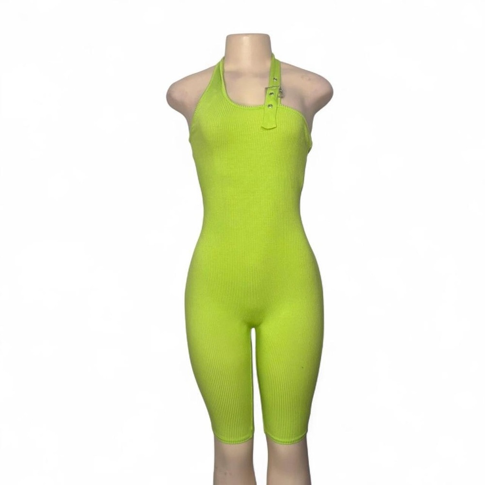 Neon Green Ribbed Halter Romper